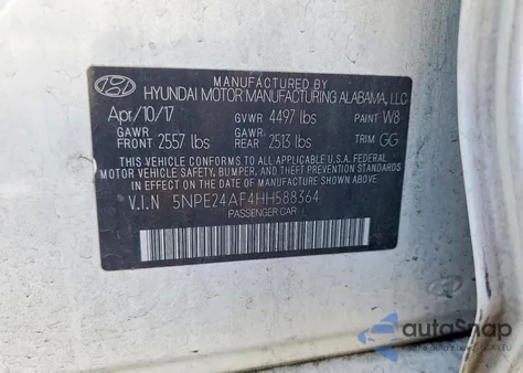 2017 Hyundai Sonata Se z USA, uszkodzony, nr VIN 5NPE24AF4HH588364